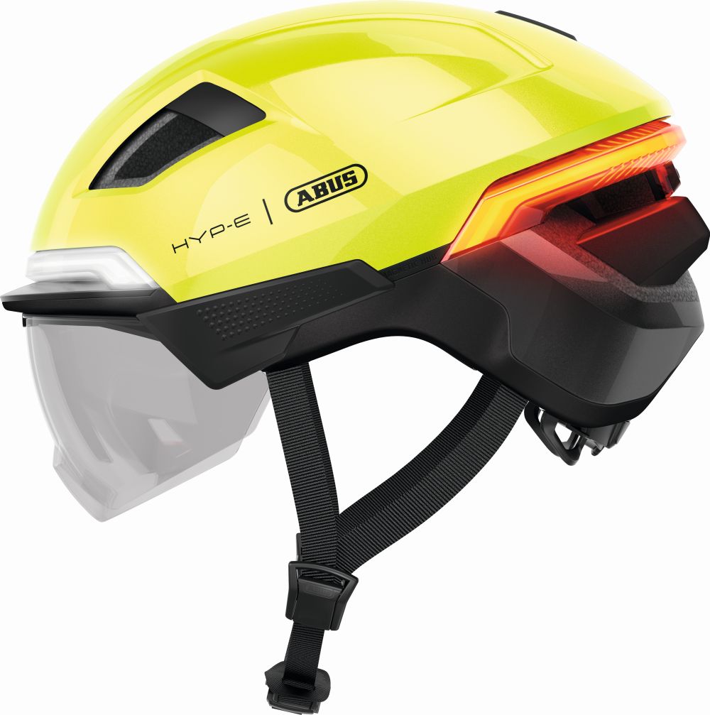 ABUS kerékpáros városi sisak HYP-E BL.ACE, In-Mold, beépített index funkcióval, féklámpával és átlátszó szemüveggel, signal yellow M (54-58 cm)