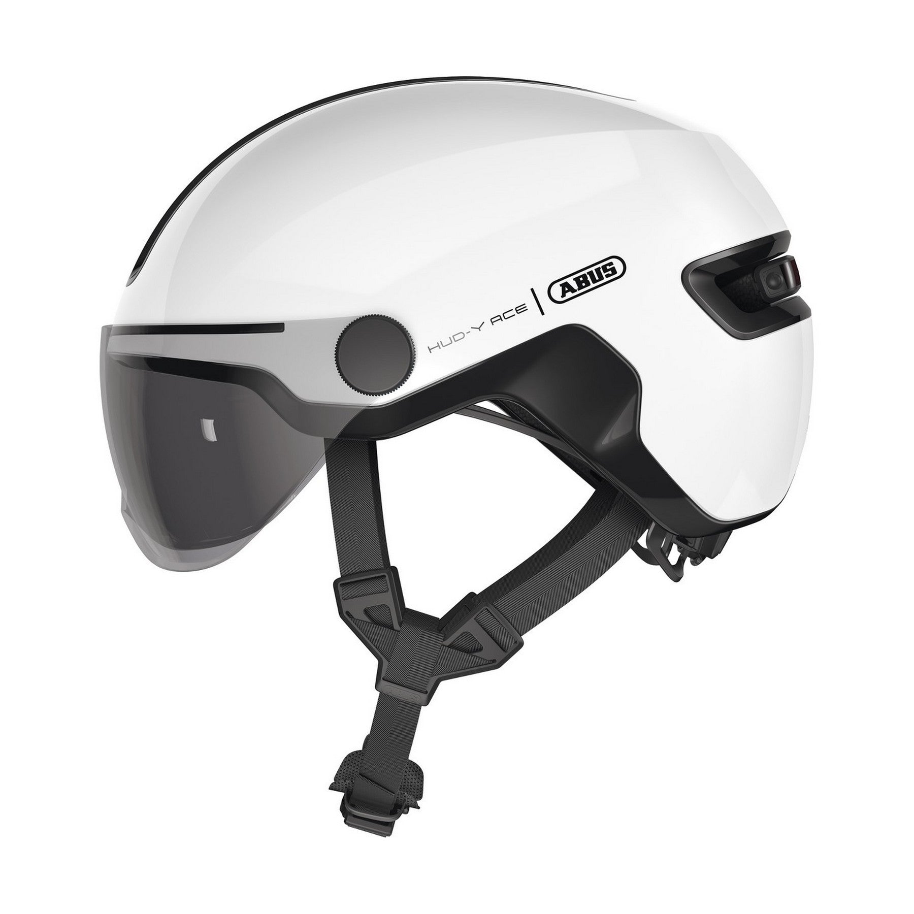 ABUS kerékpáros városi sisak Hud-Y ACE, In-Mold, beépített átlátszó szemüveggel, shiny white, S (51-55 cm)