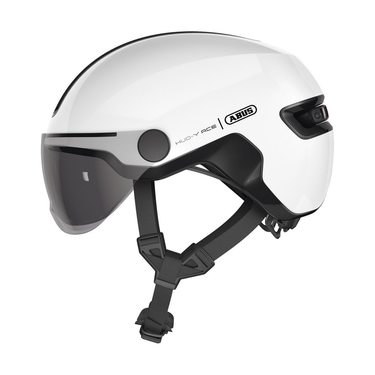 ABUS kerékpáros városi sisak Hud-Y ACE, In-Mold, beépített átlátszó szemüveggel, shiny white, S (51-55 cm)