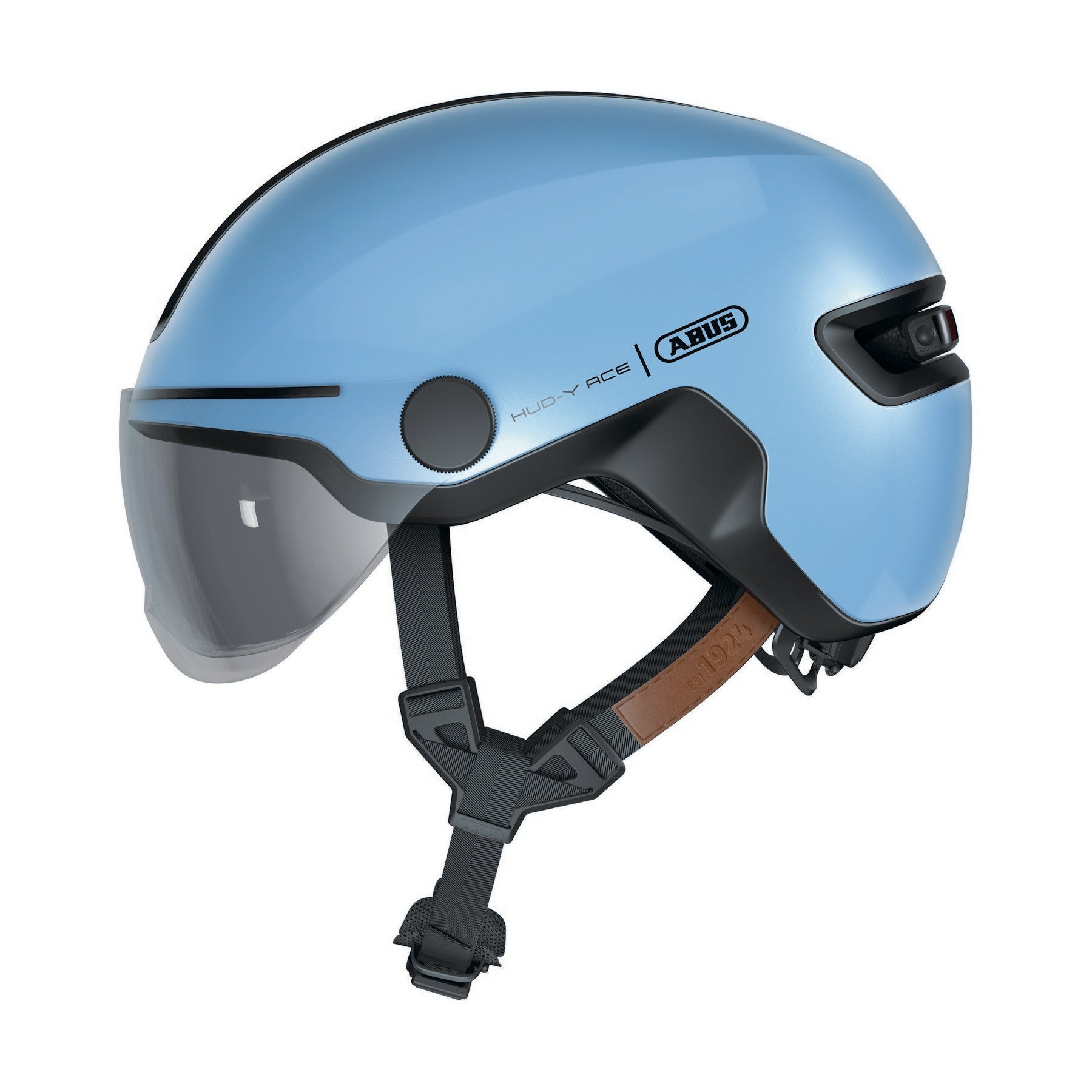 ABUS kerékpáros városi sisak Hud-Y ACE, In-Mold, beépített átlátszó szemüveggel, iced blue M (54-58 cm)