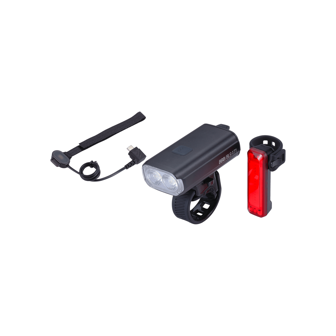 BBB Cycling kerékpáros lámpa szett BLS-174 StrikeDuo Combo, 1200 és 20 lumen, 7 és 5 mód, USB-C és micro USB tölthető 3200 és 300 mAh akku (első és hátsó), gumis felfogatással, távirányítóval
