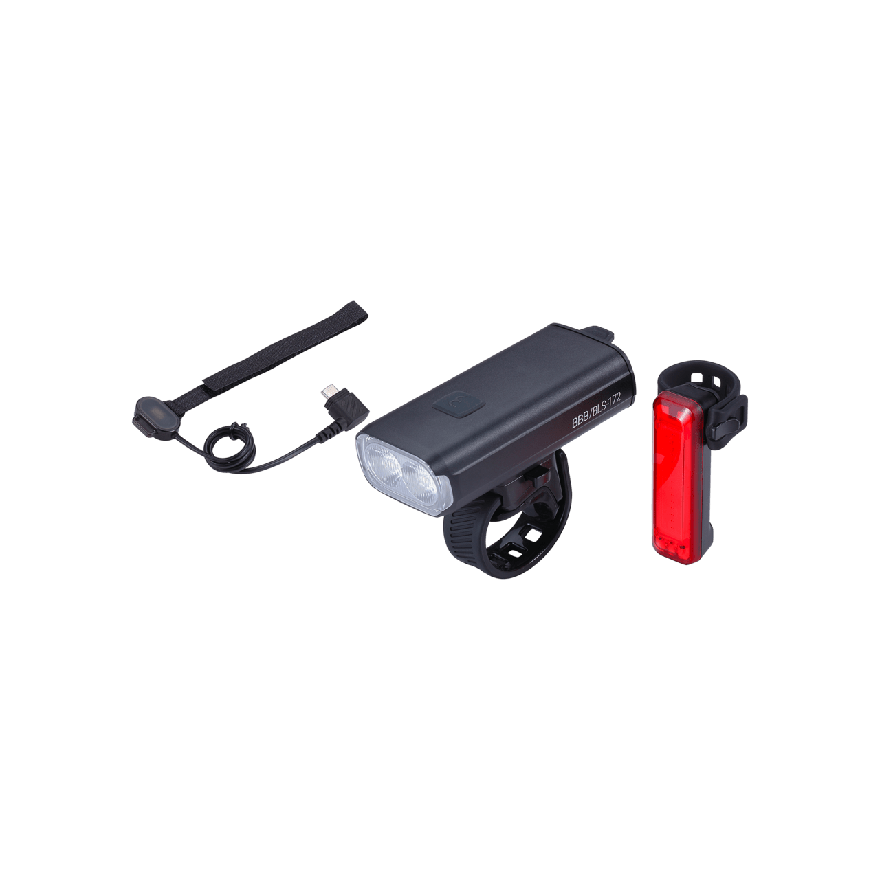 BBB Cycling kerékpáros lámpa szett BLS-175 StrikeDuo Combo, 1600 és 20 lumen, 7 és 5 mód, USB-C és micro USB tölthető 5200 és 300 mAh akku (első és hátsó), gumis felfogatással, távirányítóval