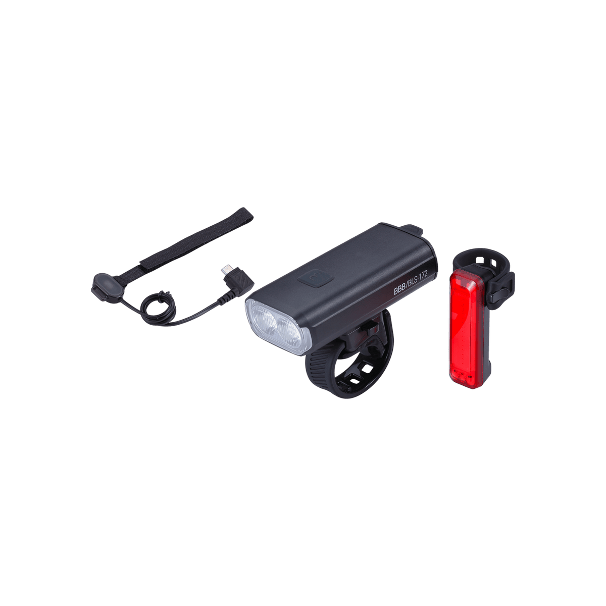 BBB Cycling kerékpáros lámpa szett BLS-175 StrikeDuo Combo, 1600 és 20 lumen, 7 és 5 mód, USB-C és micro USB tölthető 5200 és 300 mAh akku (első és hátsó), gumis felfogatással, távirányítóval