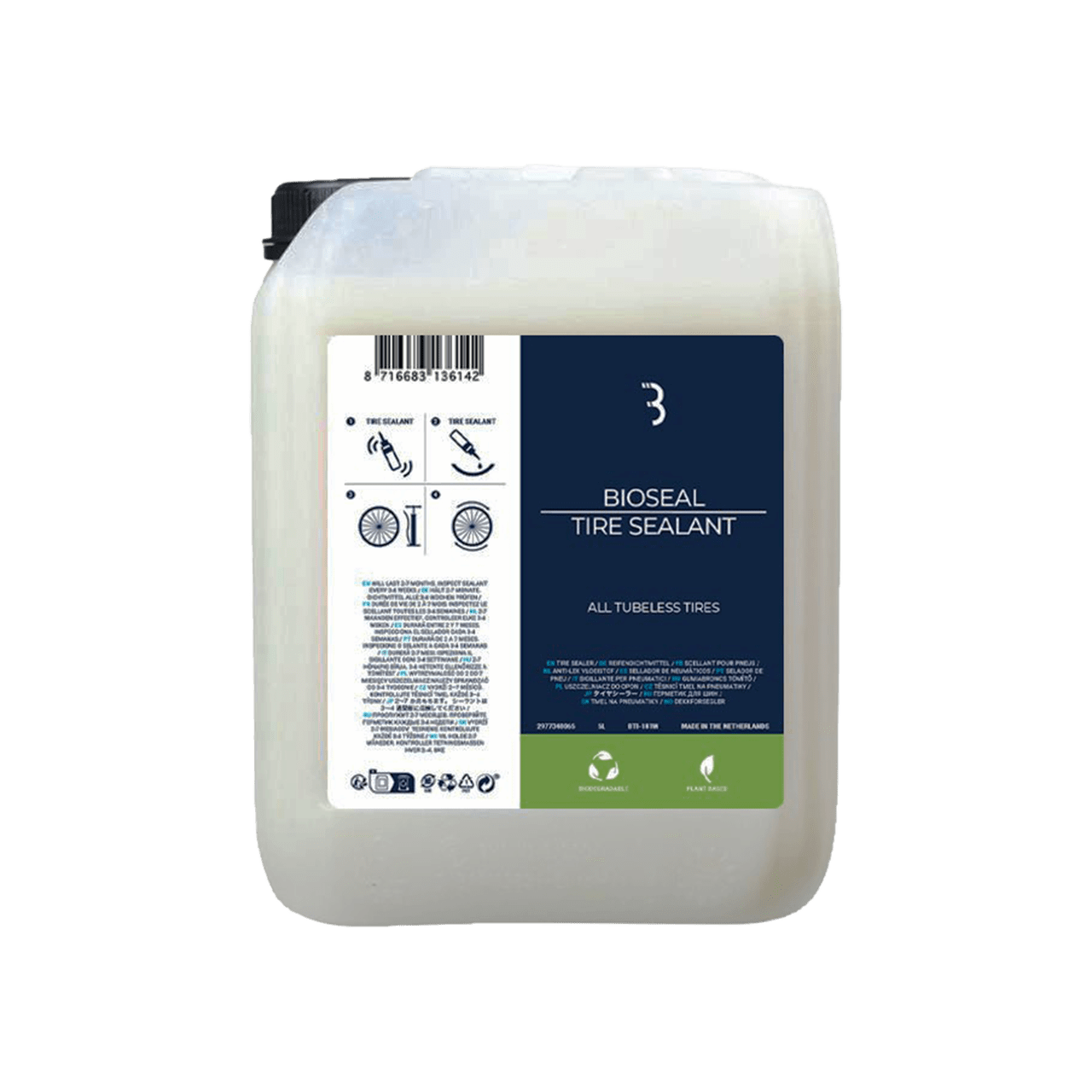 BBB Cycling kerékpáros defektmentesítő folyadék BTI-181W BioSeal, tubeless és belső gumitömlős rendszerekhez, biológiailag lebomlik, 5000 ml