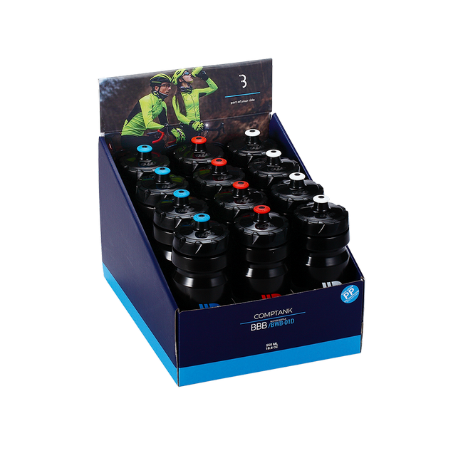 BBB Cycling kerékpáros kulacs display BWB-01D CompTank, 550 ml, fekete/kék, fekete/piros, fekete/fehér (12 db)