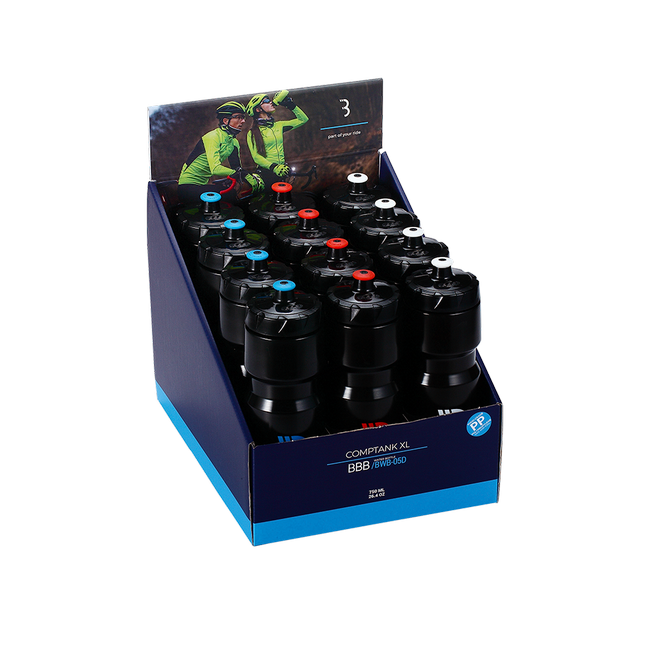 BBB Cycling kerékpáros kulacs display BWB-05D CompTank XL, 750ml, fekete/kék, fekete/piros, fekete/fehér (12 db)