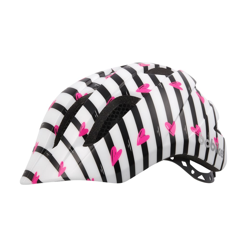 Bobike kerékpáros gyerek sisak PLUS, In-Mold, szivecskés fekete/fehér/mintás csíkos, S (52-56 cm)